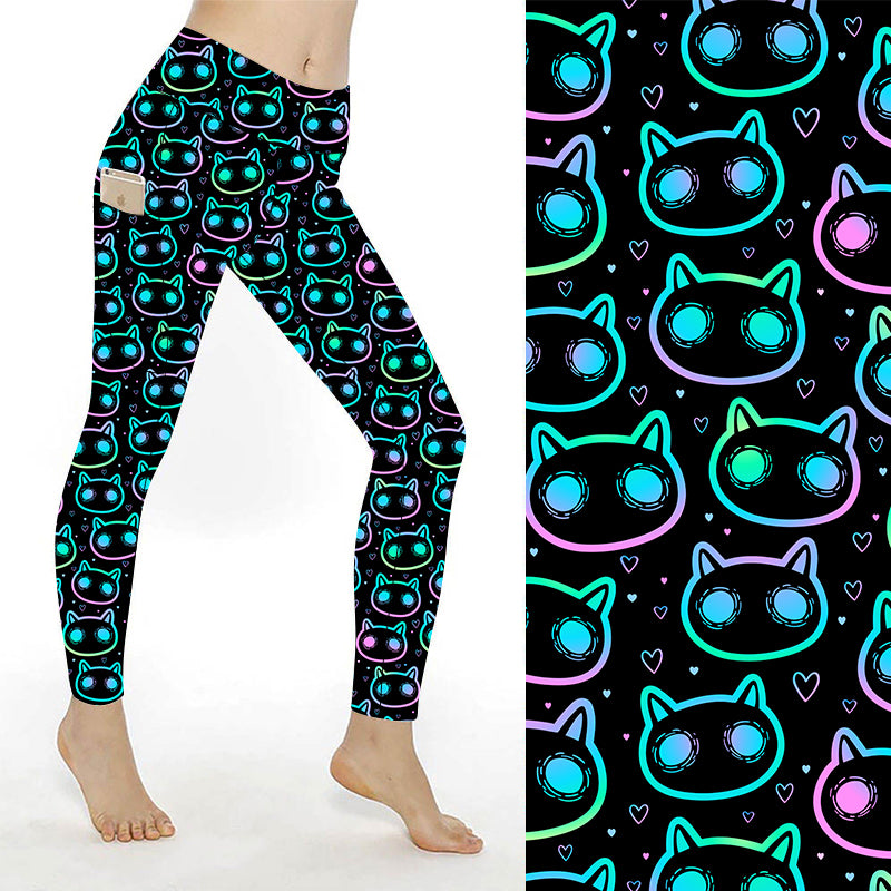 Neon Cat Leggings with Pockets