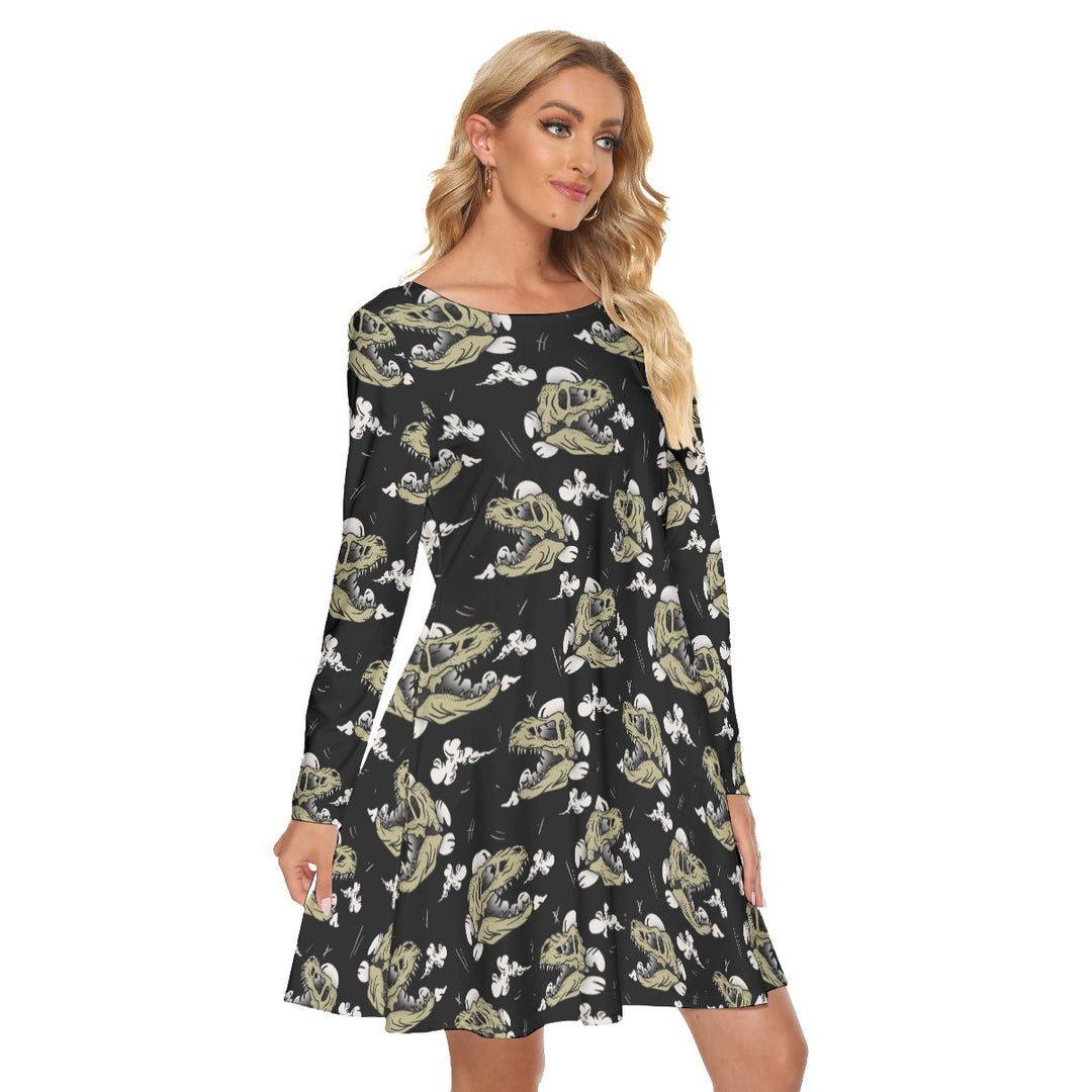 Dinosaur skull All over print women's crew dress with pockets