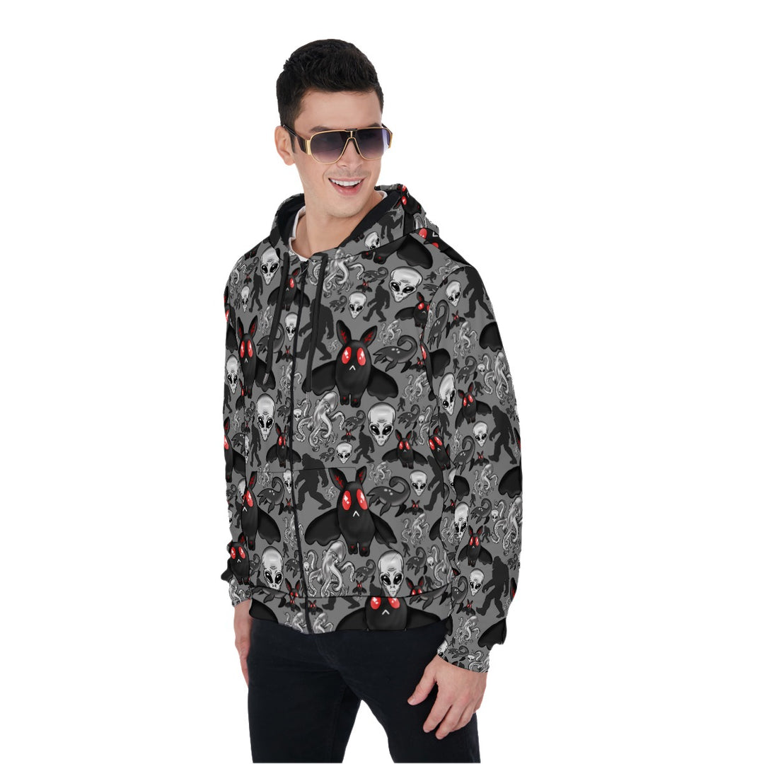 Cryptids All-Over Print Zip Up Hoodie With Pocket, Unisex Monster Hoodie Design