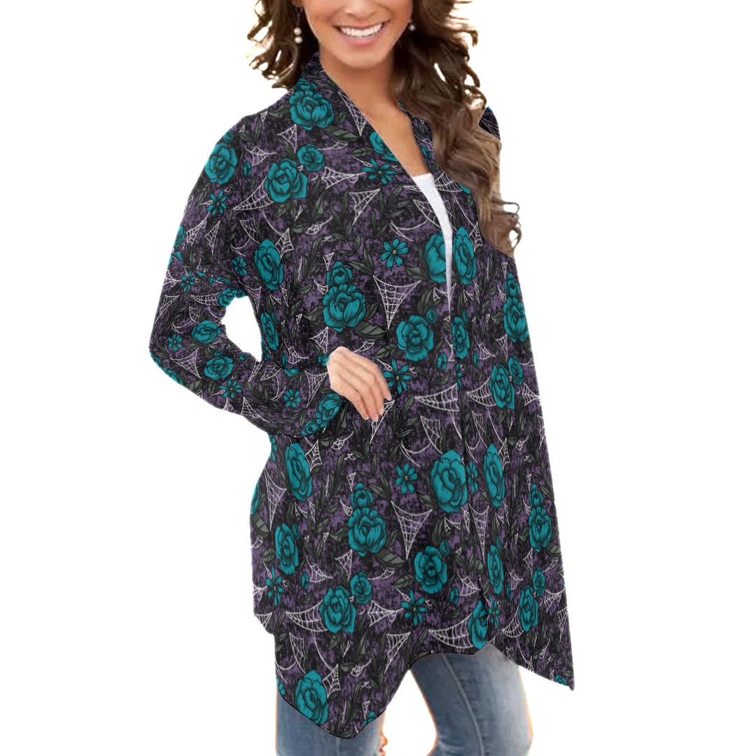 Blue Roses and cobweb All-Over Print waterfall cardigan