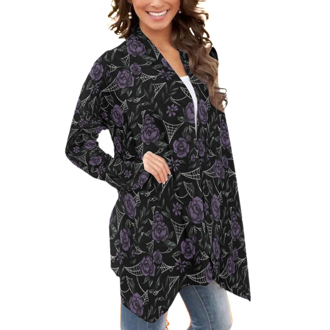 Purple Roses and Cobwebs All over print waterfall cardigan