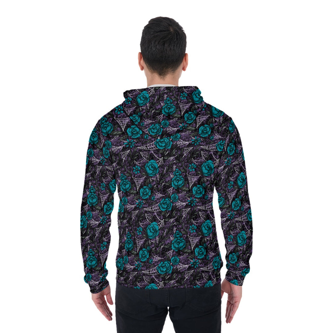 Blue Roses and cobweb All-Over Print Zip Up Hoodie With Pocket, Unisex Hoodie Design