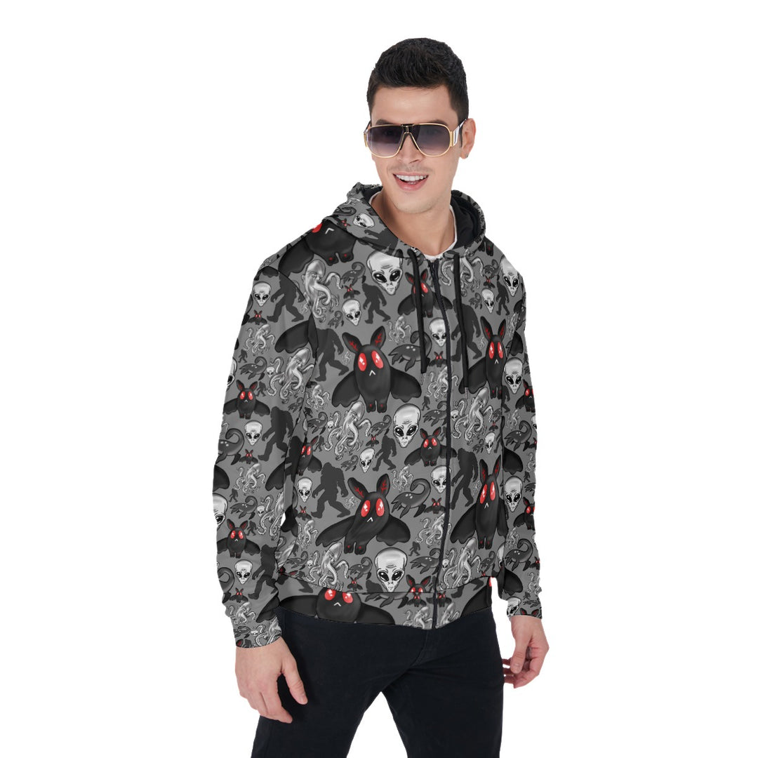 Cryptids All-Over Print Zip Up Hoodie With Pocket, Unisex Monster Hoodie Design