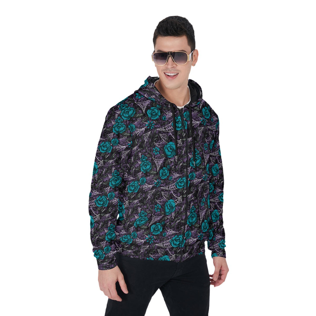 Blue Roses and cobweb All-Over Print Zip Up Hoodie With Pocket, Unisex Hoodie Design