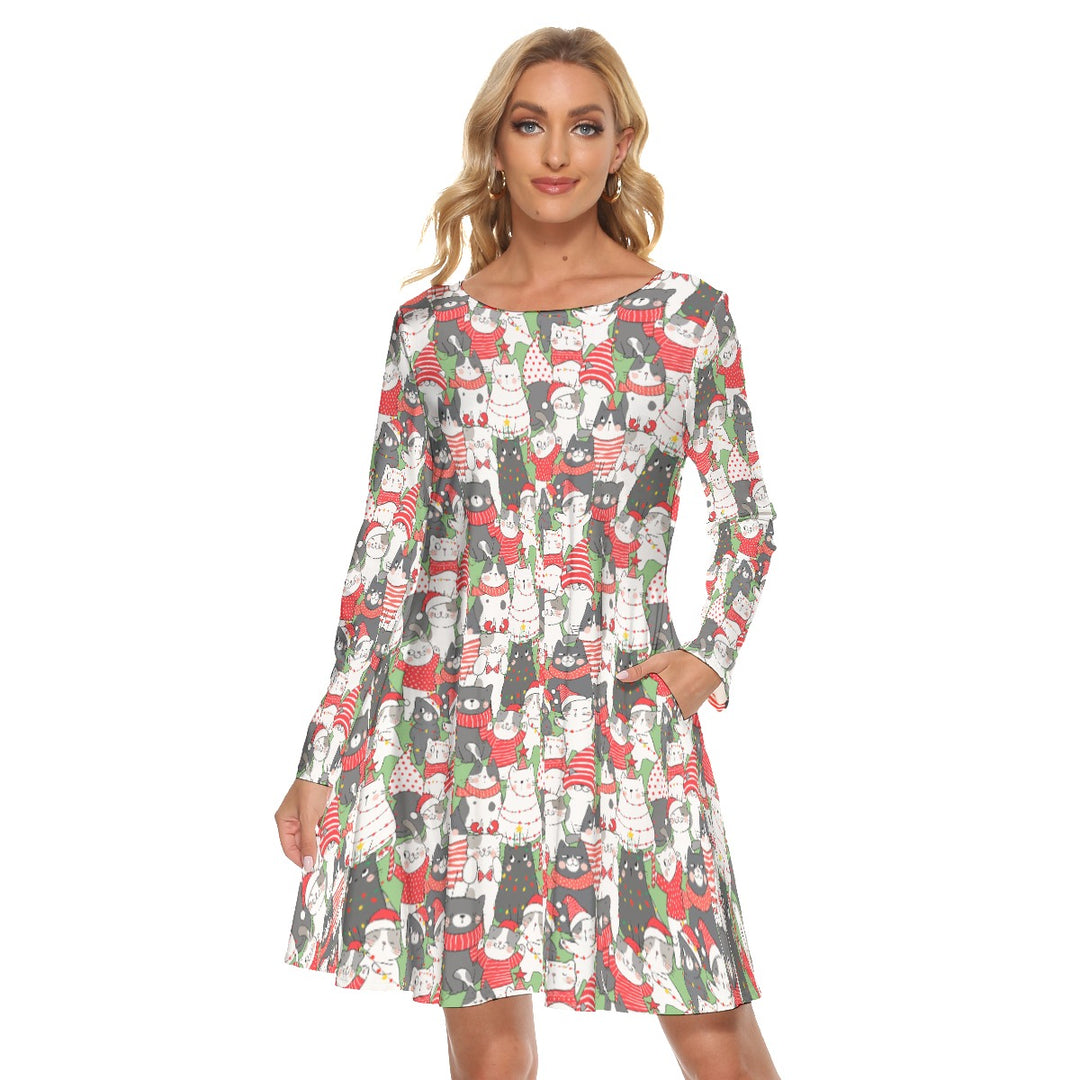 Christmas Cats All-Over Print women's crew dress with pockets