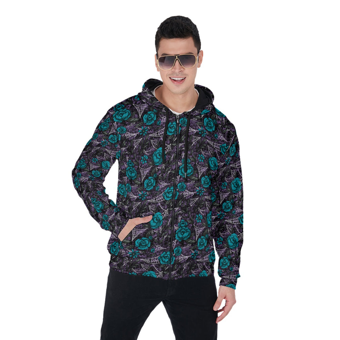 Blue Roses and cobweb All-Over Print Zip Up Hoodie With Pocket, Unisex Hoodie Design