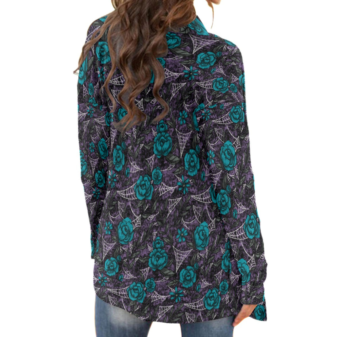 Blue Roses and cobweb All-Over Print waterfall cardigan