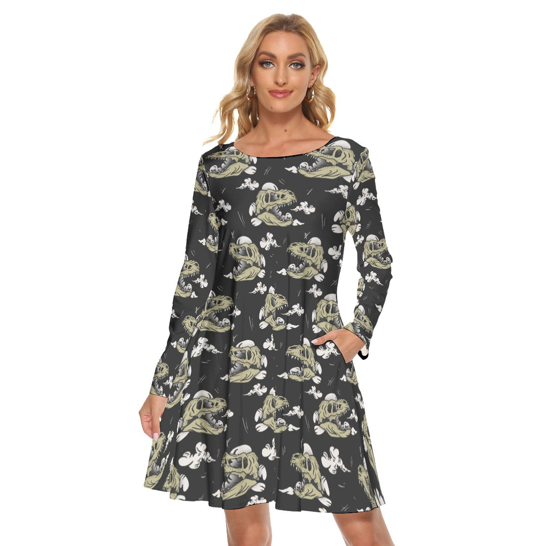 Dinosaur skull All over print women's crew dress with pockets