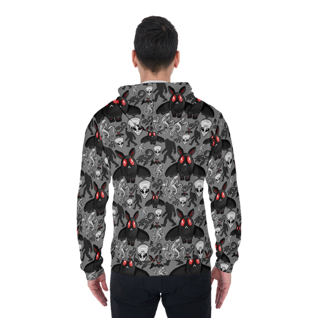 Cryptids All-Over Print Zip Up Hoodie With Pocket, Unisex Monster Hoodie Design