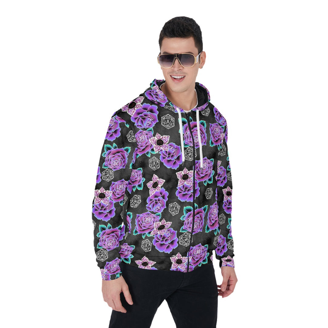 Dice and Flowers All-Over Print Zip Up Hoodie With Pocket, Unisex Demogorgon stranger things Hoodie Design