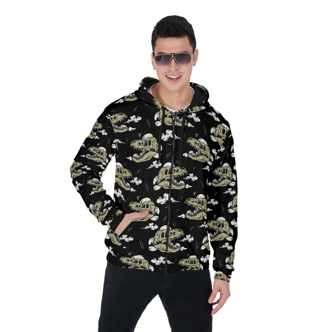 Dinosaur Skull All-Over Print Zip Up Hoodie With Pocket, Unisex Hoodie Design