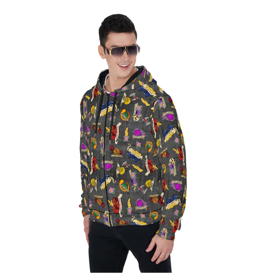 Dungeons and Dragons All-Over Print Zip Up Hoodie With Pocket, Unisex Dice Hoodie Design