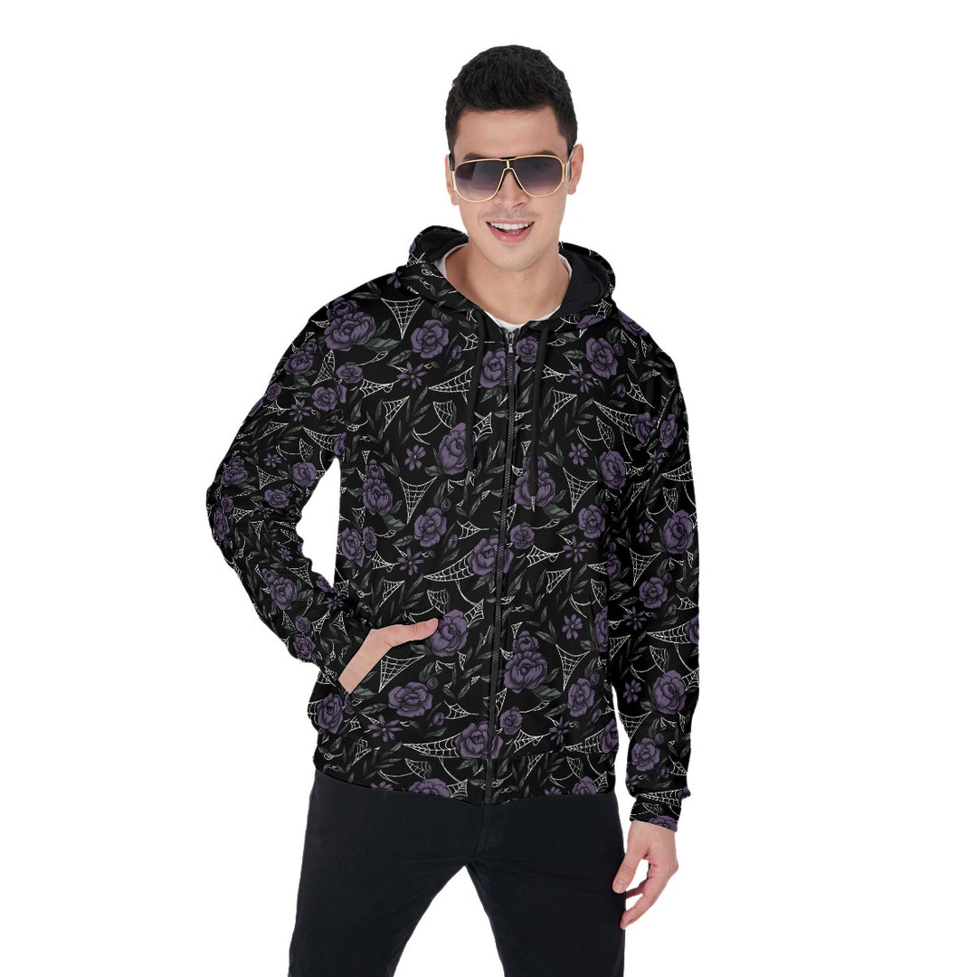 Purple Roses and cobwebs All-Over Print Zip Up Hoodie With Pocket, Unisex Hoodie Design