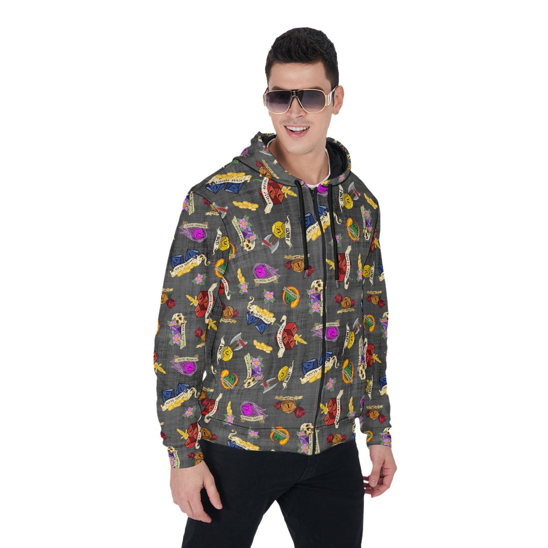 Dungeons and Dragons All-Over Print Zip Up Hoodie With Pocket, Unisex Dice Hoodie Design