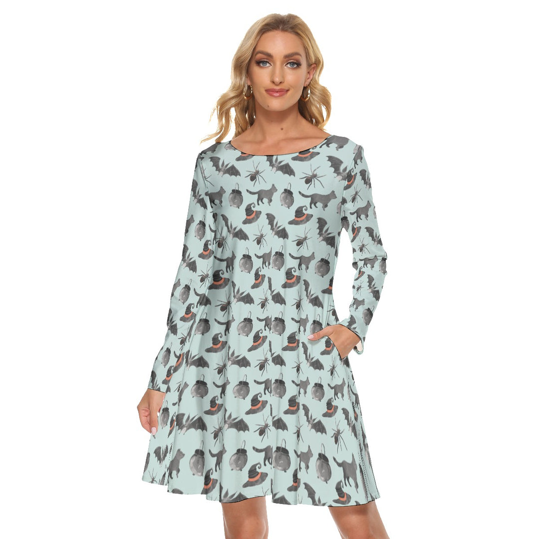 Blue spooky cats All-Over Print women's crew dress with pockets