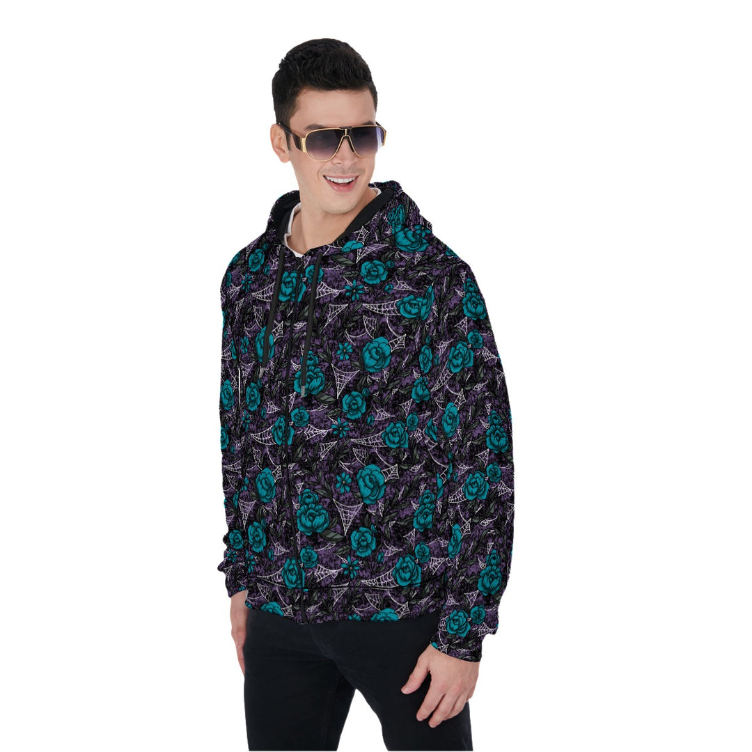 Blue Roses and cobweb All-Over Print Zip Up Hoodie With Pocket, Unisex Hoodie Design