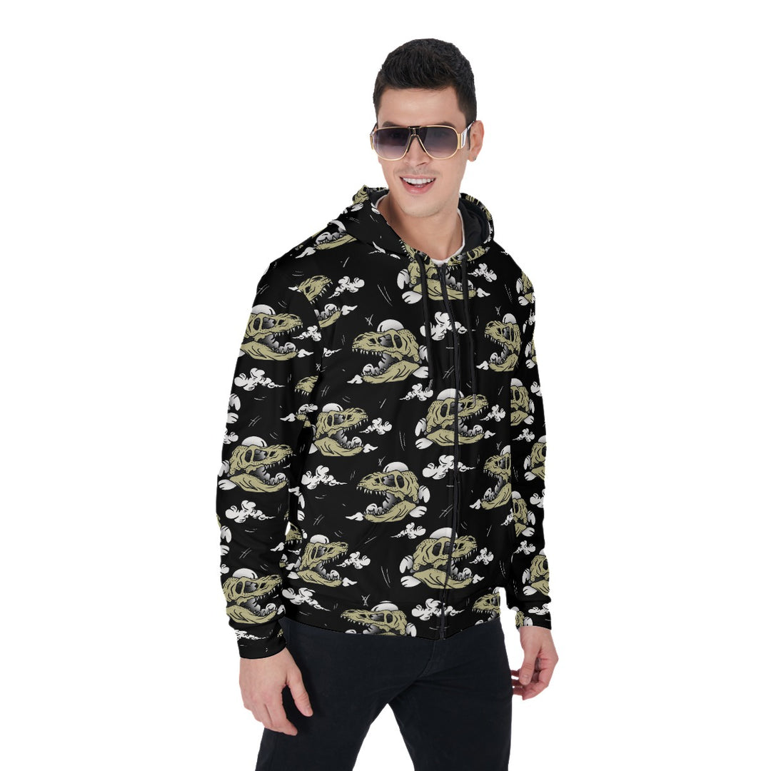 Dinosaur Skull All-Over Print Zip Up Hoodie With Pocket, Unisex Hoodie Design