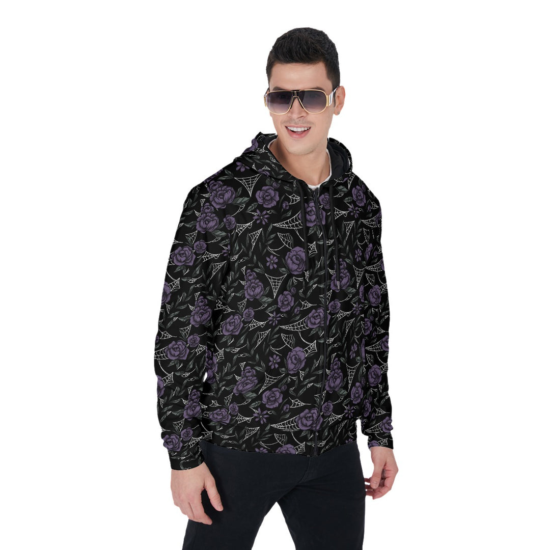 Purple Roses and cobwebs All-Over Print Zip Up Hoodie With Pocket, Unisex Hoodie Design