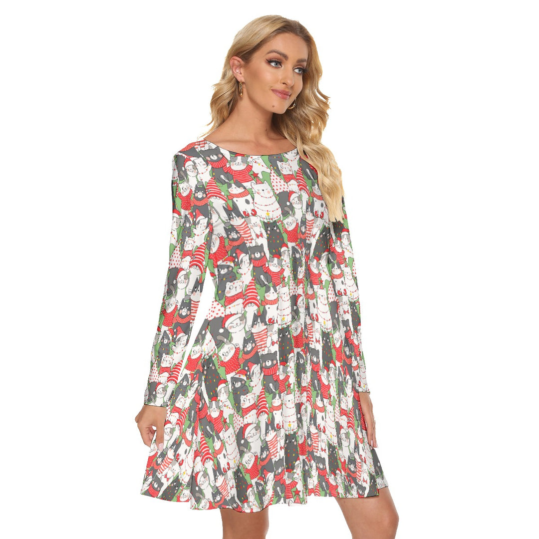 Christmas Cats All-Over Print women's crew dress with pockets