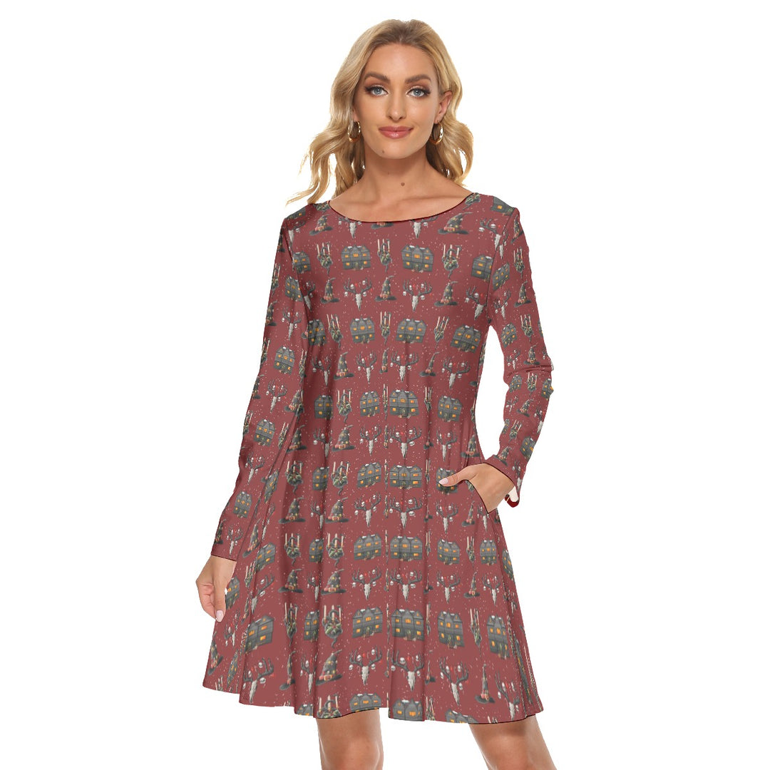 Ghoulish Yule All over print women's crew dress with pockets