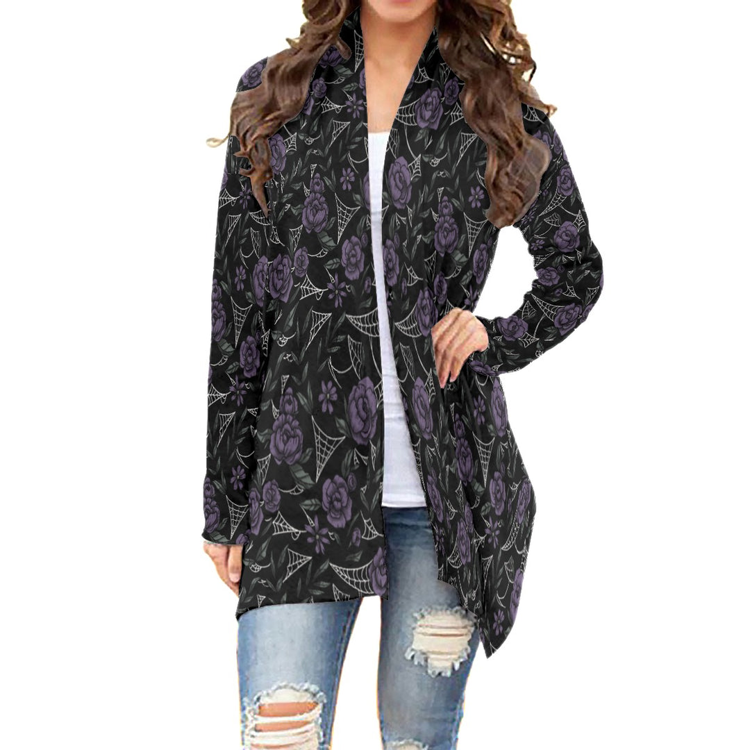 Purple Roses and Cobwebs All over print waterfall cardigan