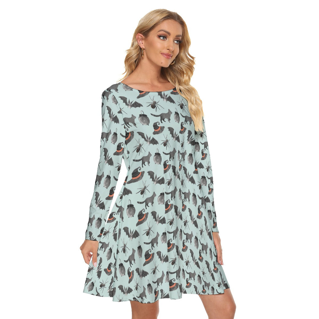 Blue spooky cats All-Over Print women's crew dress with pockets