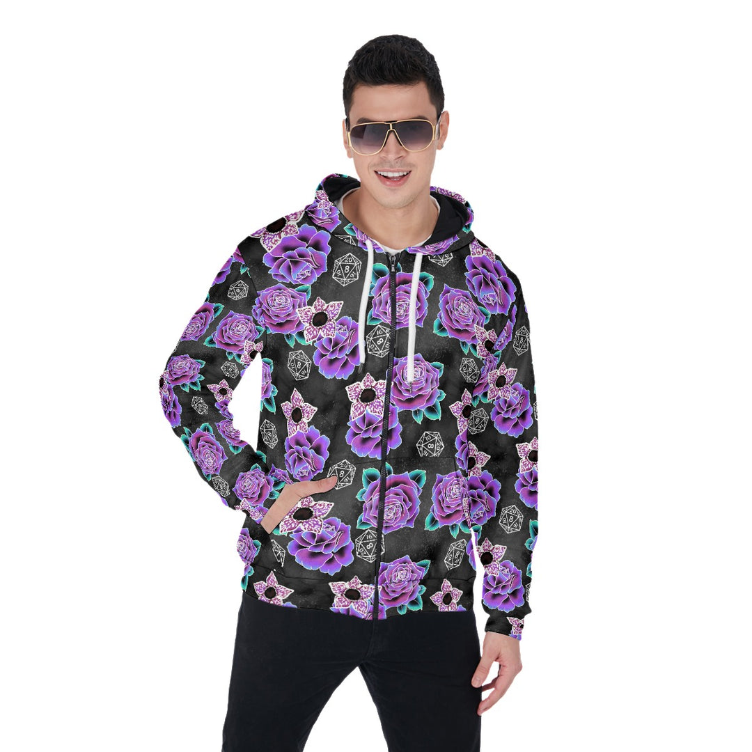 Dice and Flowers All-Over Print Zip Up Hoodie With Pocket, Unisex Demogorgon stranger things Hoodie Design