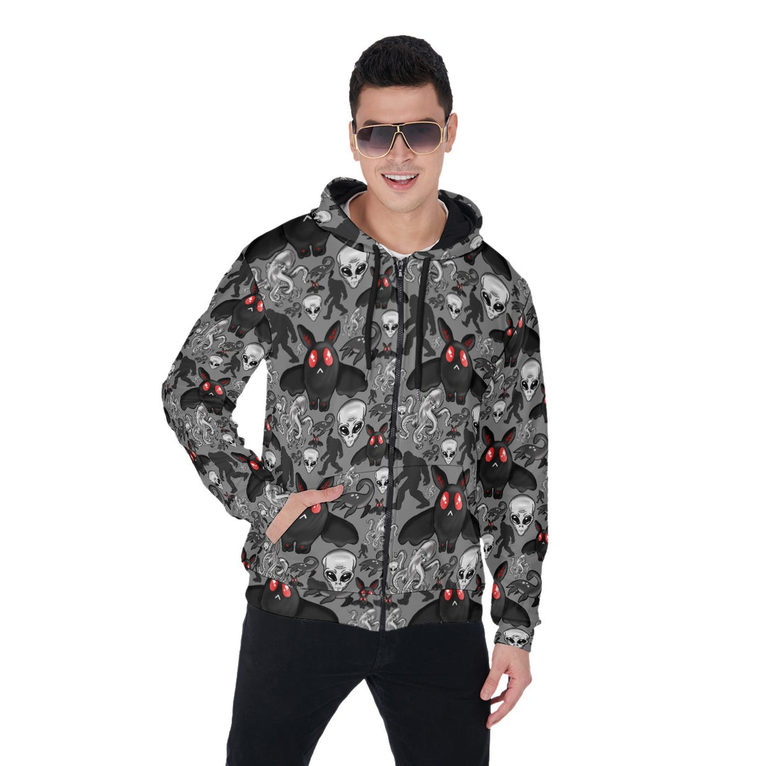 Cryptids All-Over Print Zip Up Hoodie With Pocket, Unisex Monster Hoodie Design