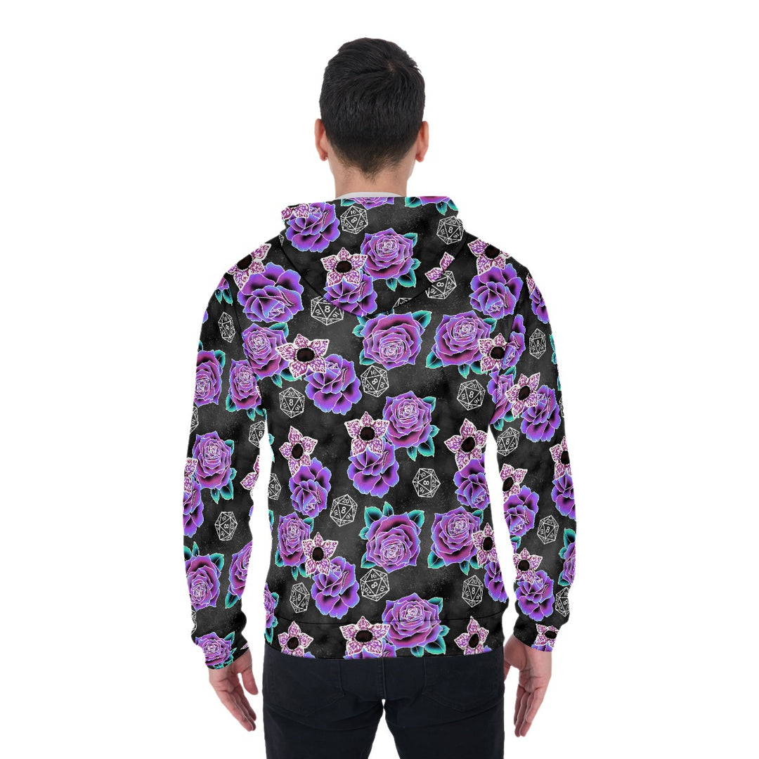 Dice and Flowers All-Over Print Zip Up Hoodie With Pocket, Unisex Demogorgon stranger things Hoodie Design