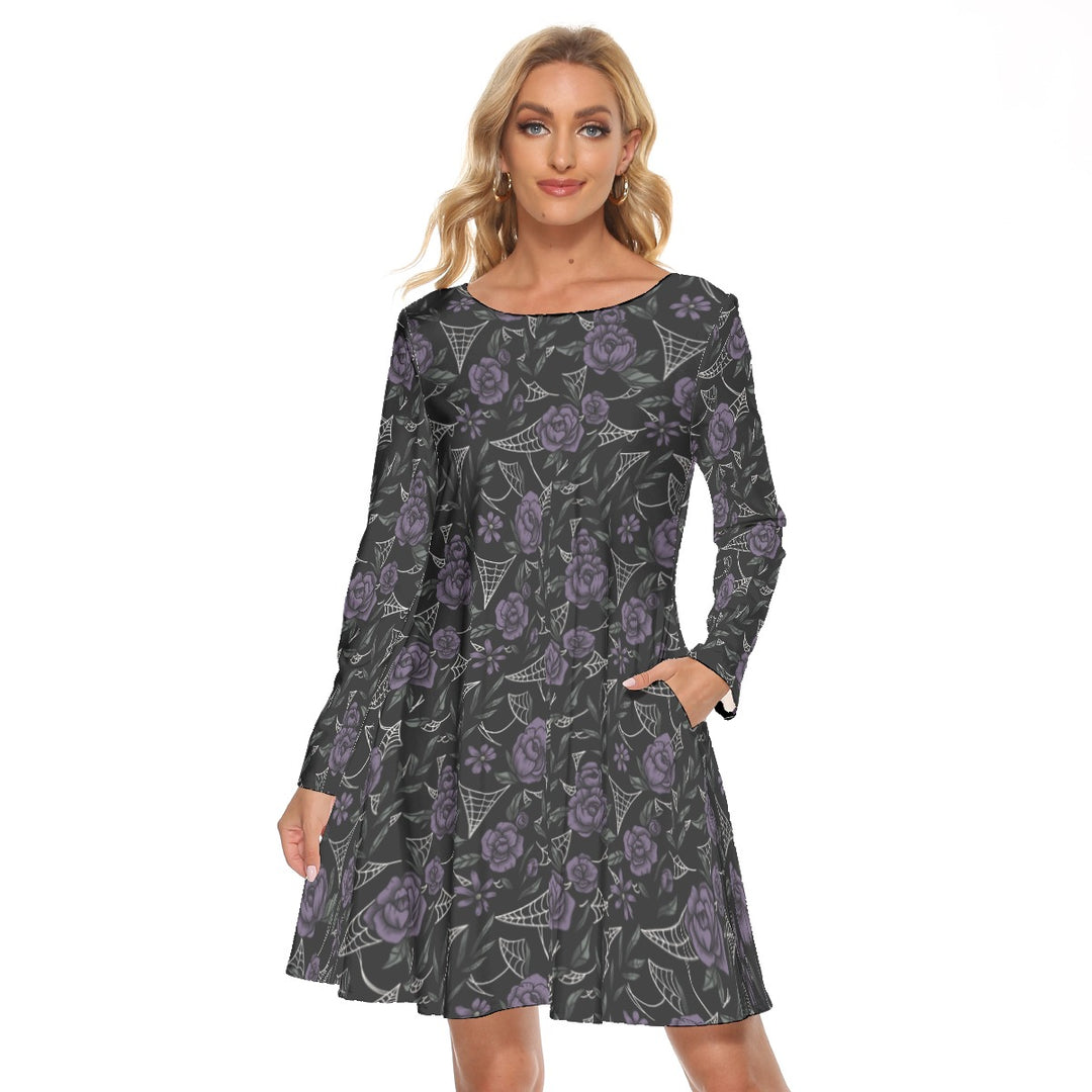 Purple Roses and cobwebs All over print women's crew dress with pockets