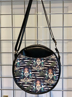 Load image into Gallery viewer, Ophilia Hall Window cross body circle bag with striped Wednesday fabric back pocket
