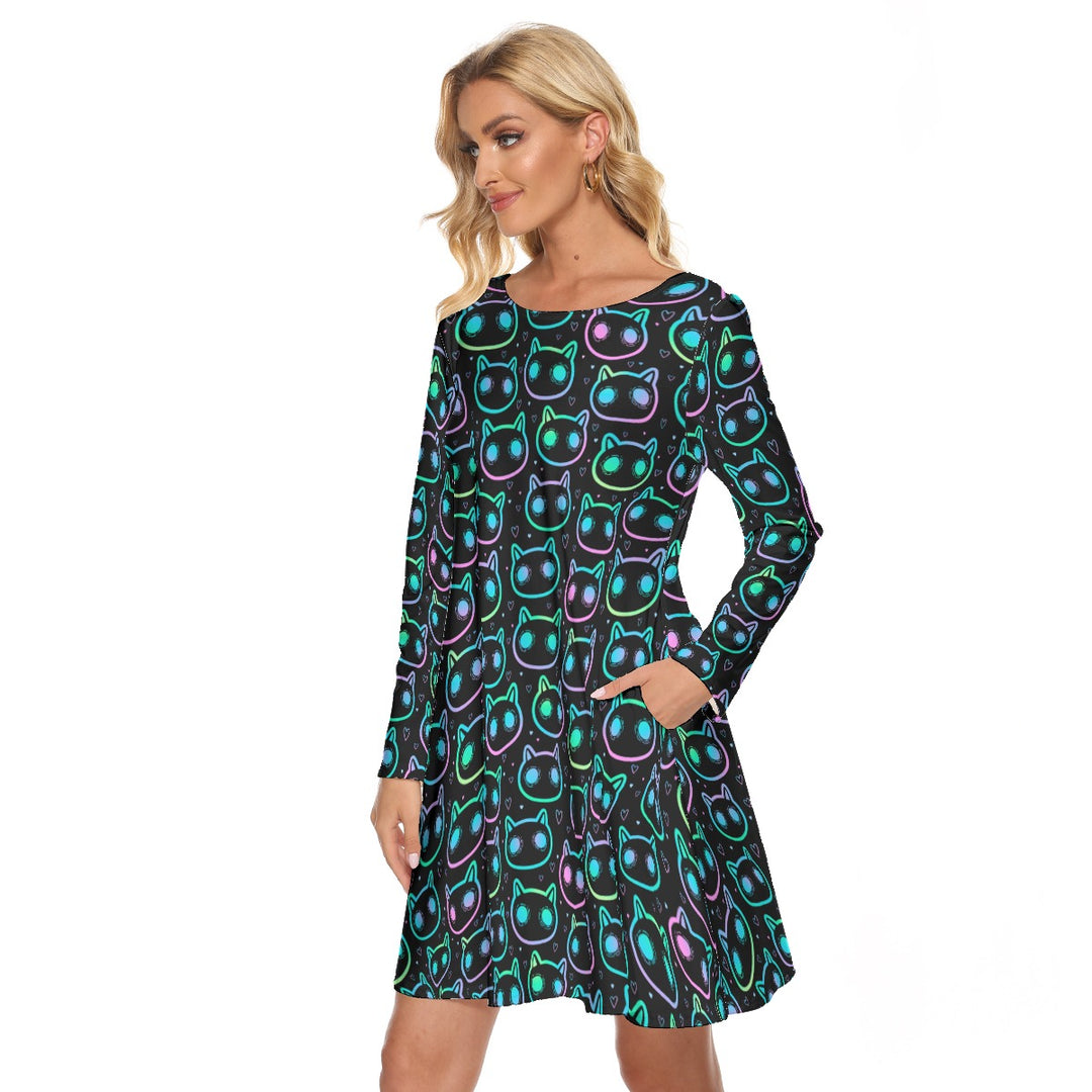 Neon cats All over print women's crew dress with pockets