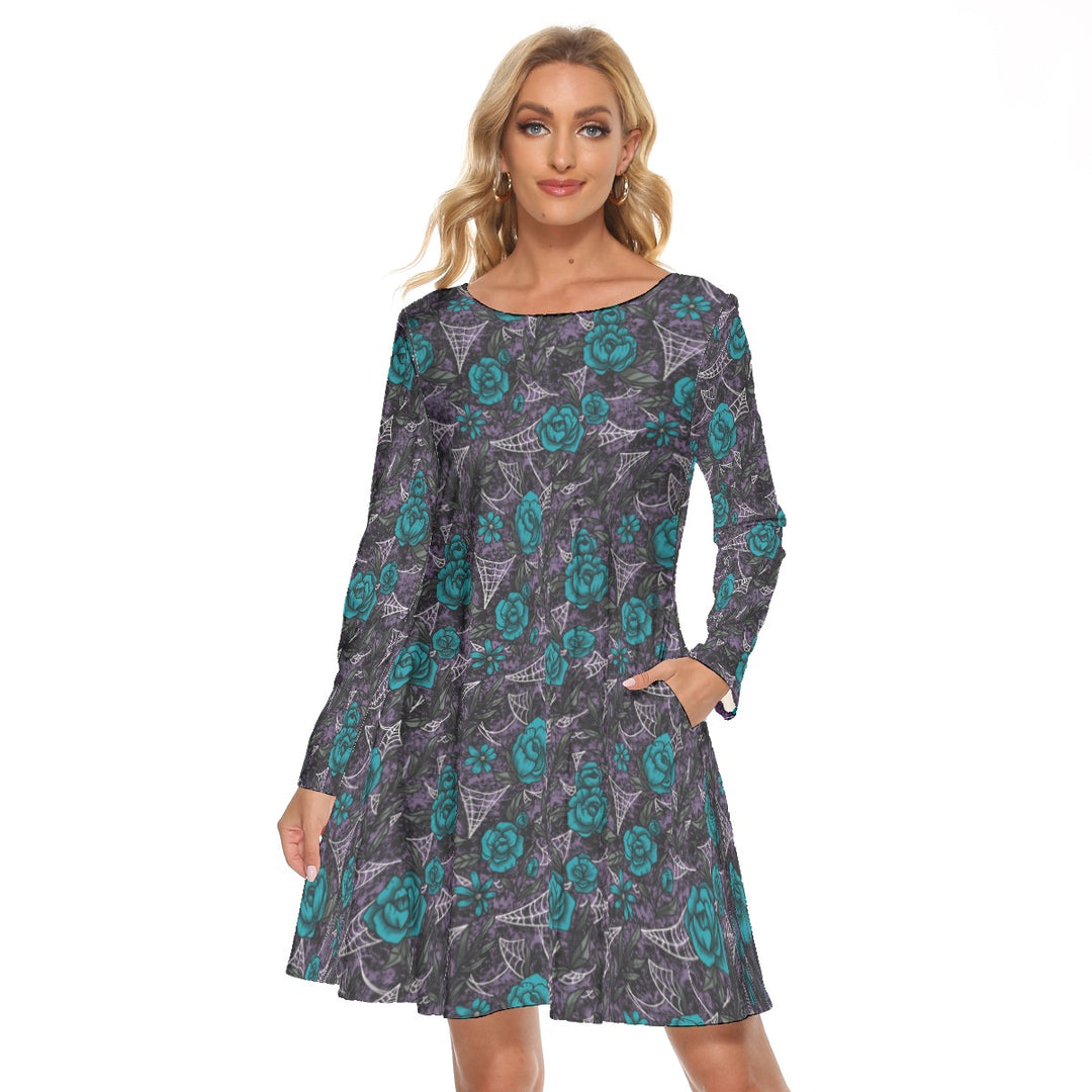 Blue Roses and cobweb All-Over Print women's crew dress with pockets