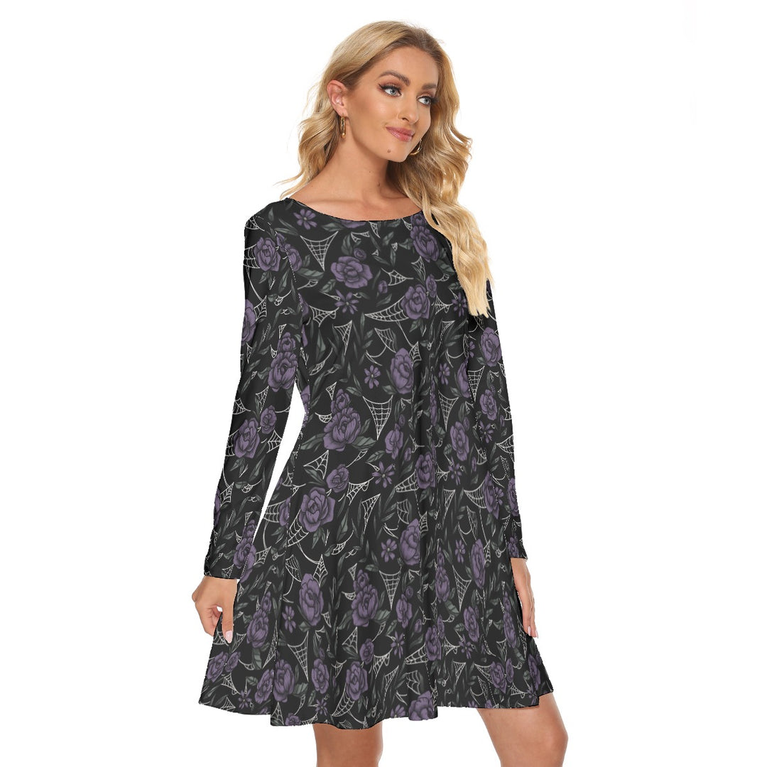 Purple Roses and cobwebs All over print women's crew dress with pockets