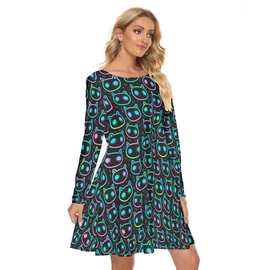 Neon cats All over print women's crew dress with pockets