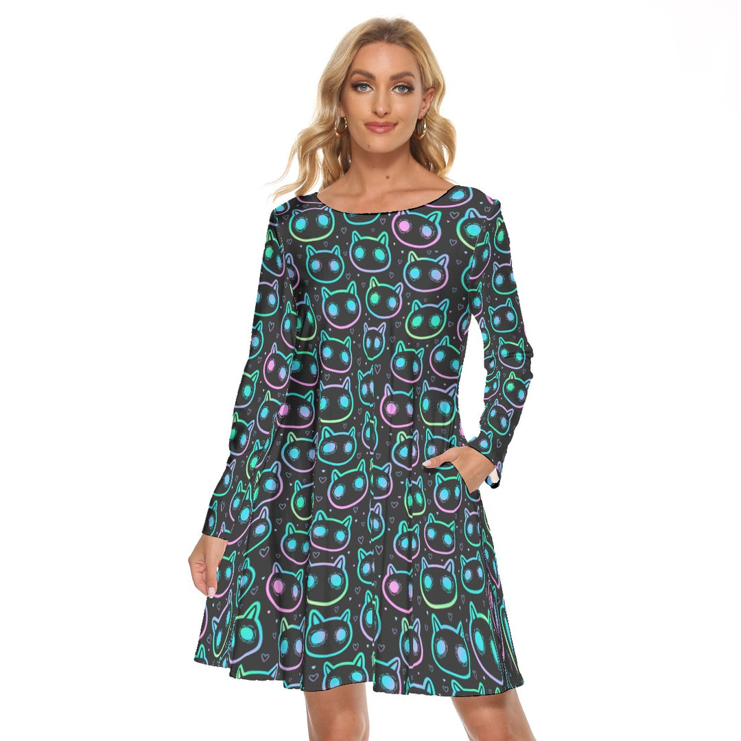 Neon cats All over print women's crew dress with pockets