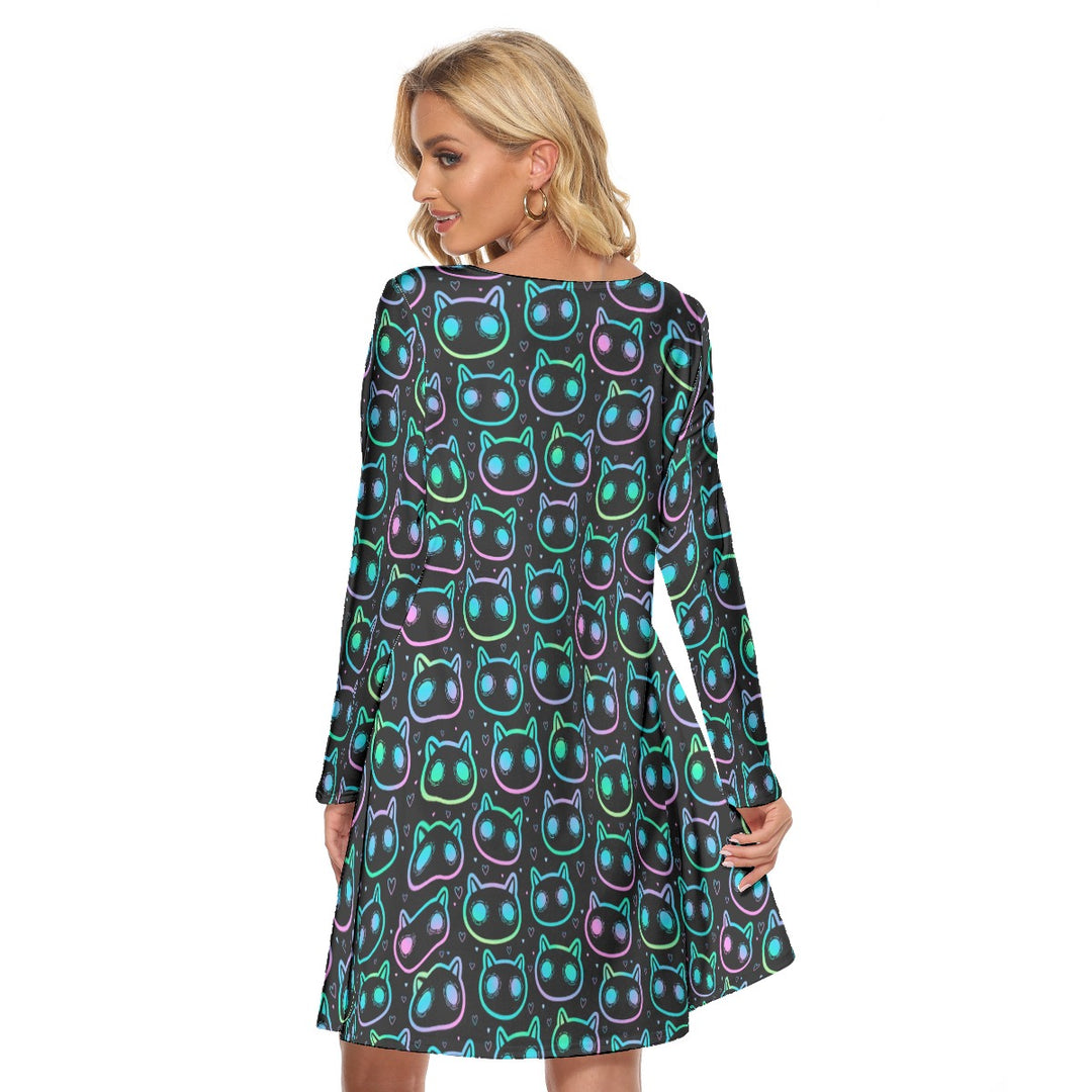 Neon cats All over print women's crew dress with pockets