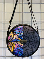 Load image into Gallery viewer, Ophilia Hall Window cross body circle bag with striped Wednesday fabric back pocket
