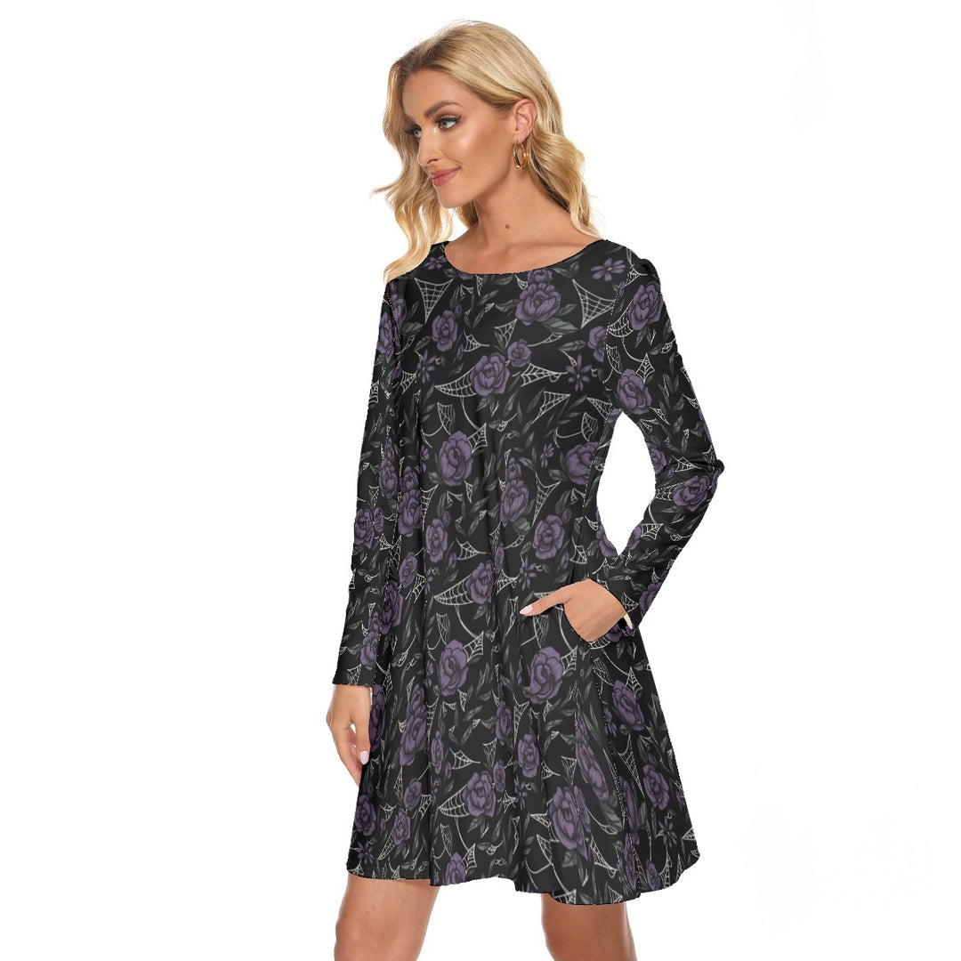 Purple Roses and cobwebs All over print women's crew dress with pockets