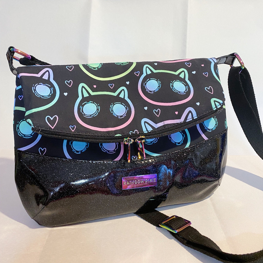 Neon cats and rainbow crossbody bag