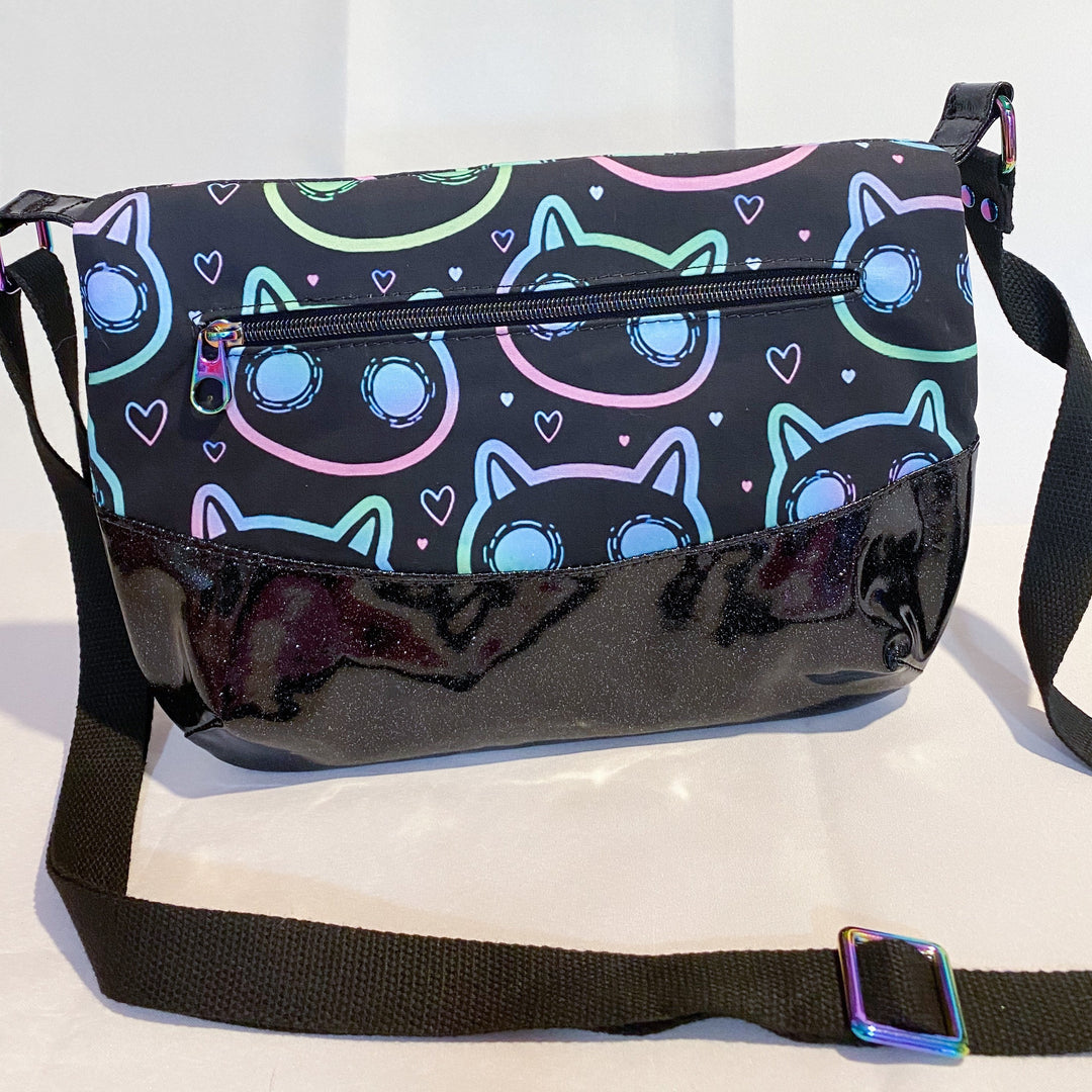 Neon cats and rainbow crossbody bag