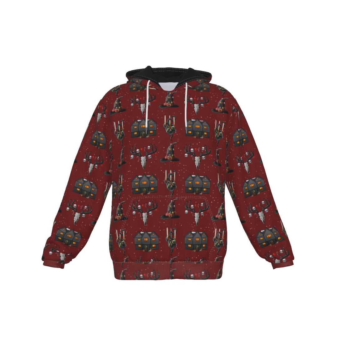 Ghoulish Yule All-Over Print Zip Up Hoodie With Pocket, Unisex Hoodie Design