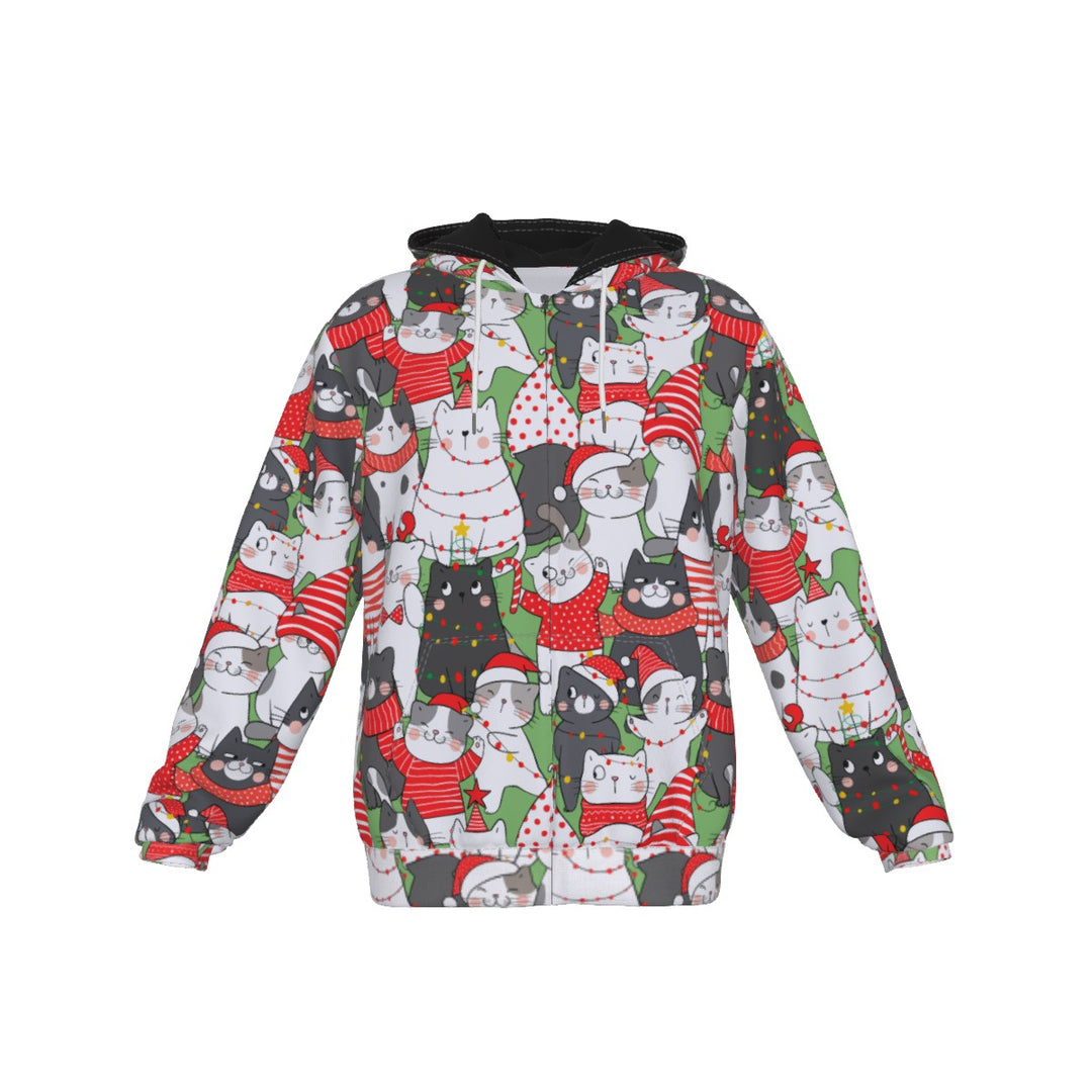 Christmas Cats All-Over Print Zip Up Hoodie With Pocket, Unisex Hoodie Design